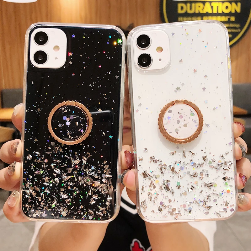 

Luxury Glitter Transparent Phone Case For Huawei nova 12 12s 11 Pro Ultra Lite Soft Shockproof Bumper Finger Ring Back Cover