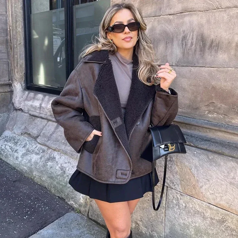 

Woman Thick Faux Leather Jackets for Women Coat Autumn Winter Warm Wool Blends Coats Demi-season Plush Jacket Outerwear