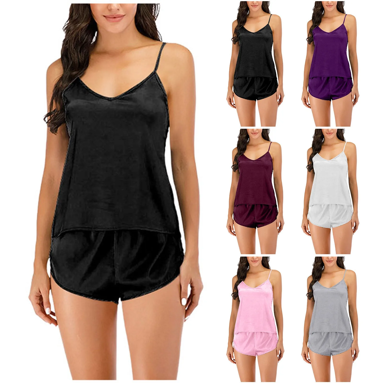 

Women's Silk Pajama Set Sexy V Neck Suspender Tops And Shorts Home Wear Solid Sleepwear Loungewear Femme Pijama Pj Sets