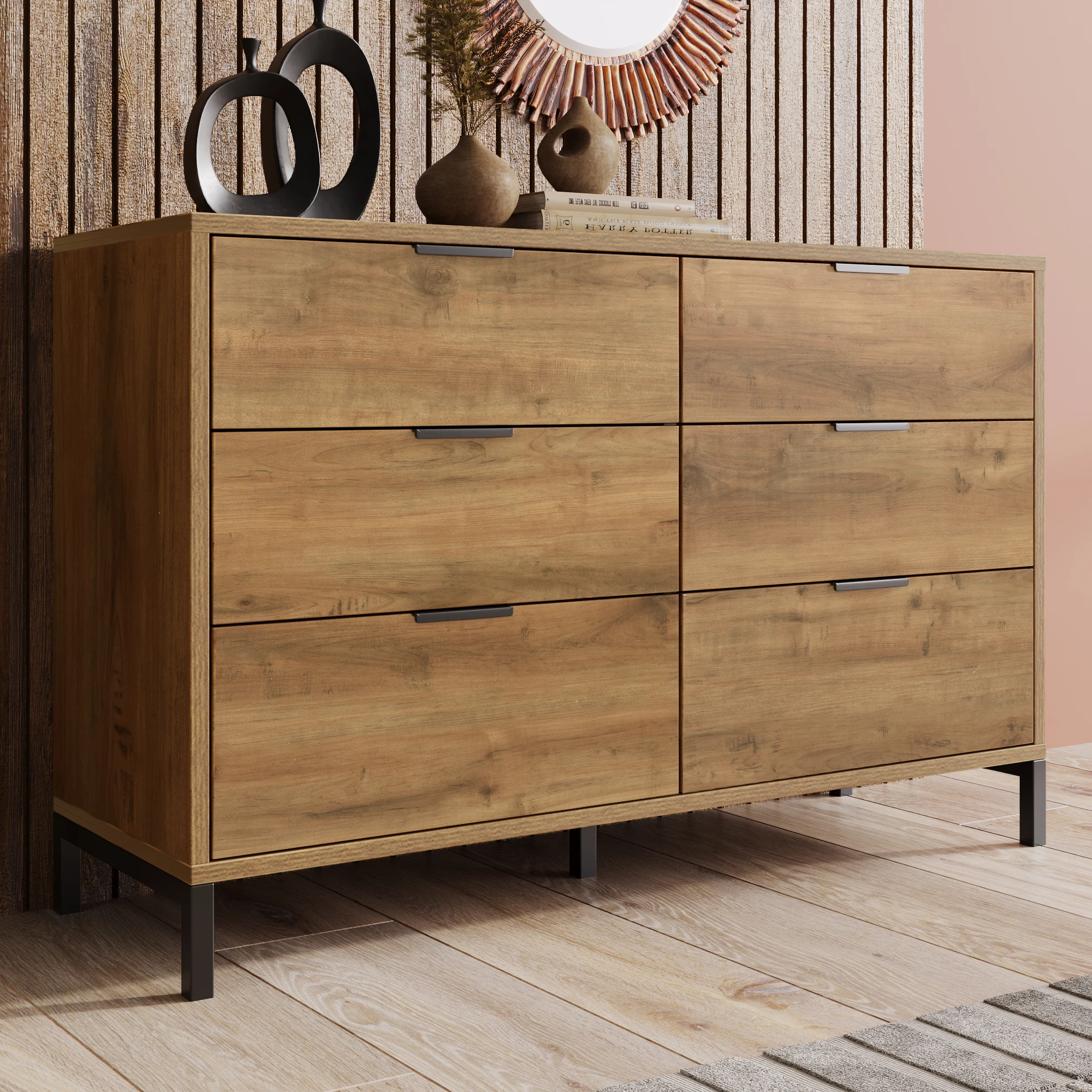 Commode, buffet avec 6 tiroirs, 120 x 40 x 76 cm en chêne foncé, buffet haut pour chambres et tous les salons