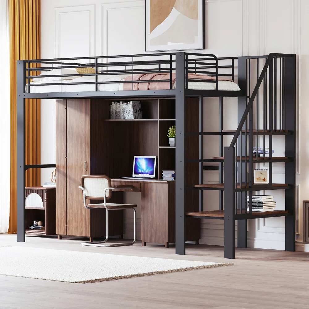Stabiles Hochbett aus Metall, 90 x 200 cm/140 x 200 cm, mit geräumigem Stauraum unter dem Bett und Treppe für Kinder und Erwachsene, Bettgestelle und -gestelle – Detail 37