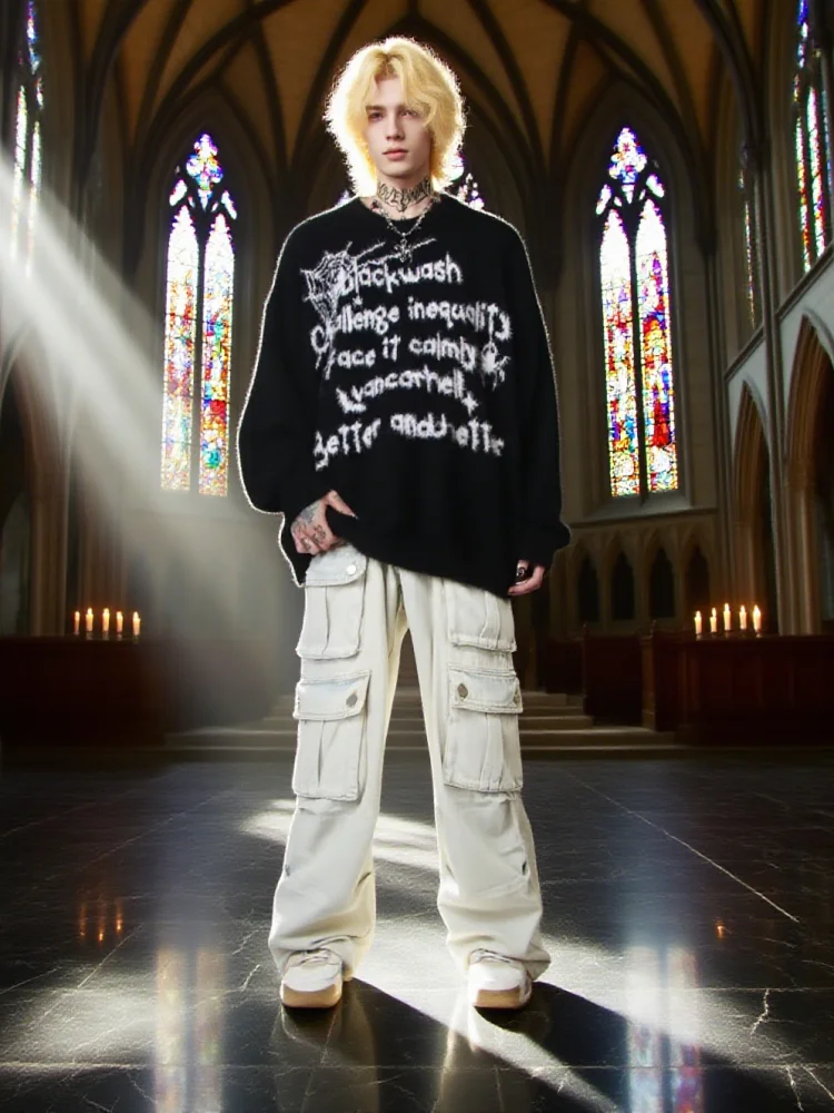 

Мужской осенне-зимний пуловер большого размера, утолщенный джемпер с буквами, уличная одежда, вязаный свитер Y2k BF, топ