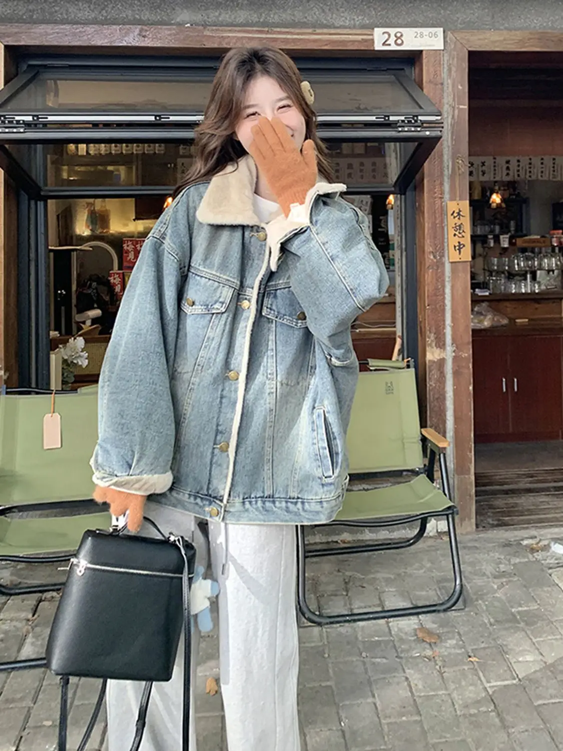 

Джинсовое пальто с леопардовым мехом, плюшевое женское зимнее приталенное пальто с круглым вырезом в студенческом стиле, удобное школьное тело на пуговицах, флисовое пуховое стеганое Y2K