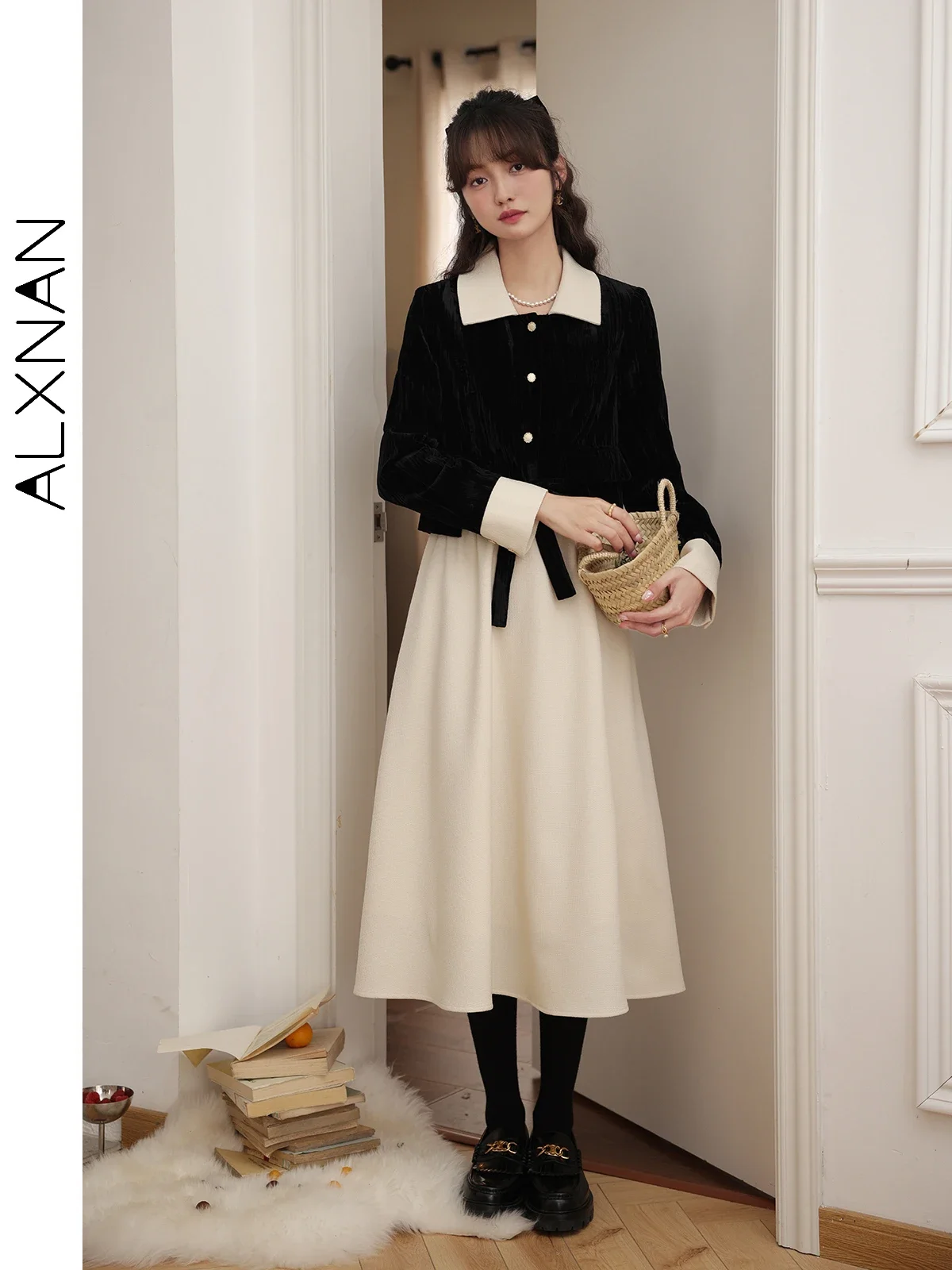 ALXNAN Women's Elegant Skirts 2024 Autumn Winter A-line Contrast Color Elastic Waist Velvet Bow Female Commuter Bottoms LXN27863