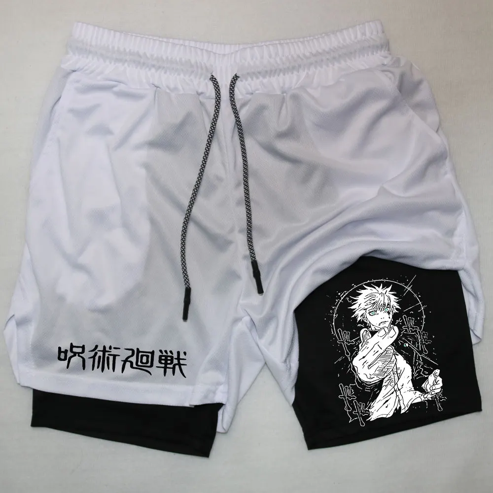 

2 in 1 Compreesion Shorts for Men Gym Workout Running Athletic Anime Jujutsu Kaisen Performance with Pockets Activewear