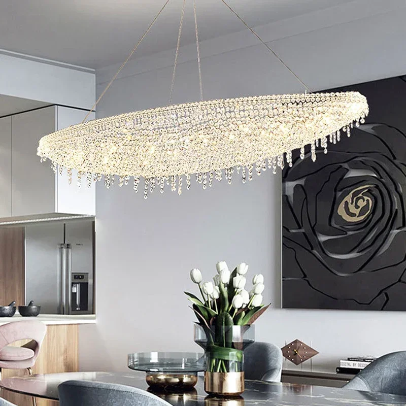 Oval Crystal Postmodern Designer  Ceiling Chandeliers Chrome Home Decor Pendant Lighting Fixture Hanging Lamps for Ceiling LED