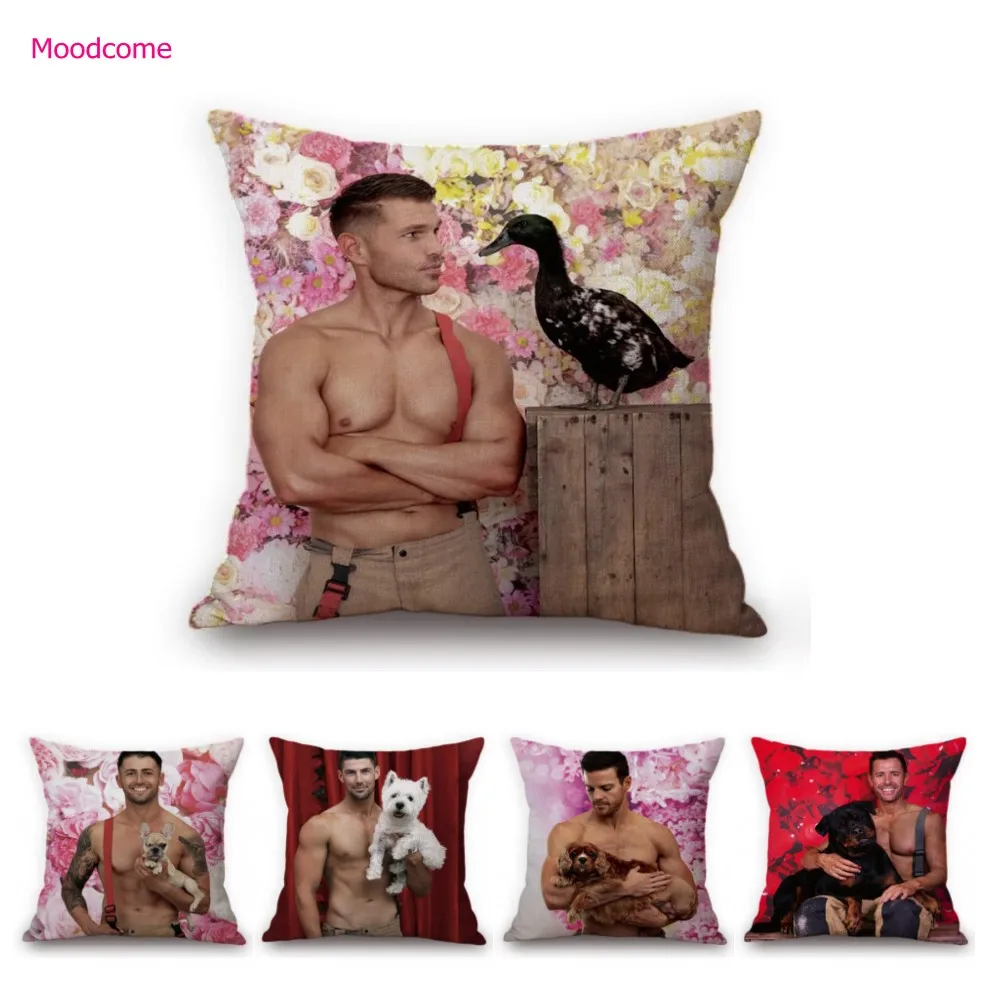 Sexy Australian Fight man Muscled Guy  Calendar Art With Cute Baby Dog Animals Cotton Linen Sofa Pillow Case Cushion Cover