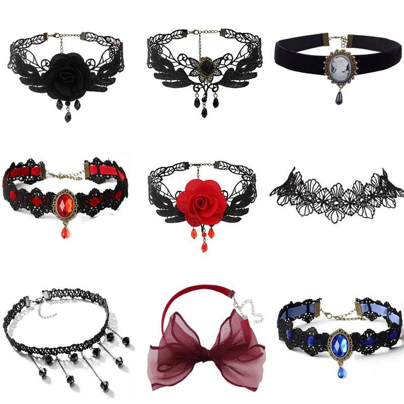 Harajuku Crystal Statement Necklace Collar Black Lace Chokers Flower Necklaces For Women Girl Boho Flower Charms Chian Jewelry