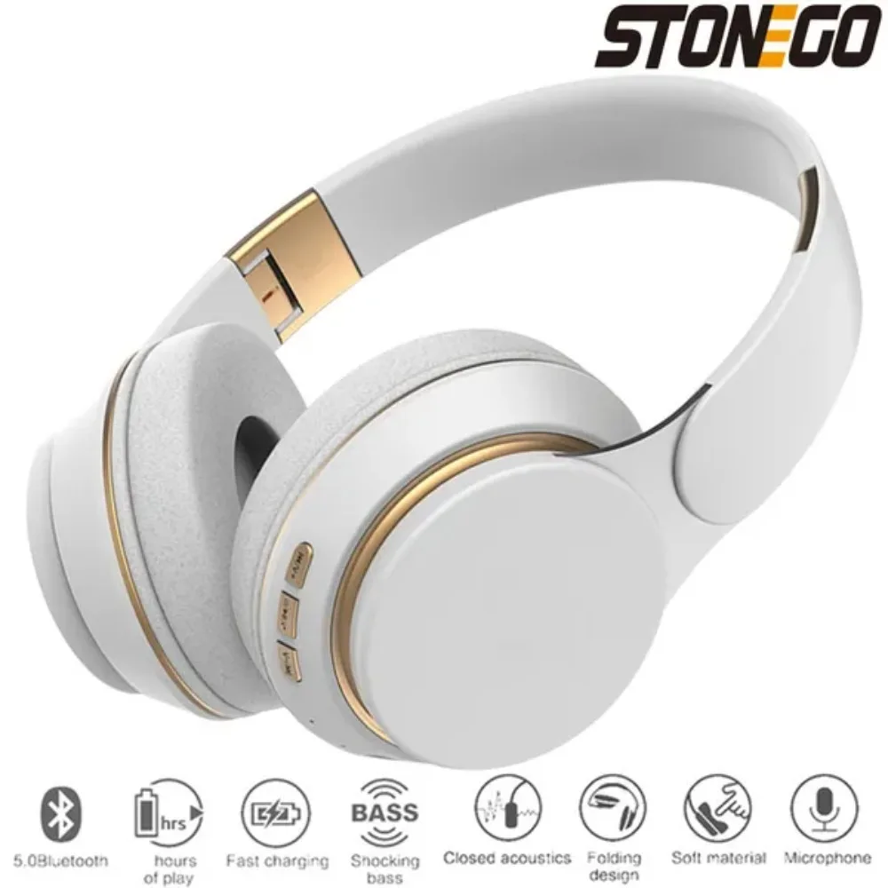 STONEGO Stereo Bluetooth Headphones Foldable Wireless Headset HiFi Deep Bass Sound HD Microphone PU Leather Earmuffs