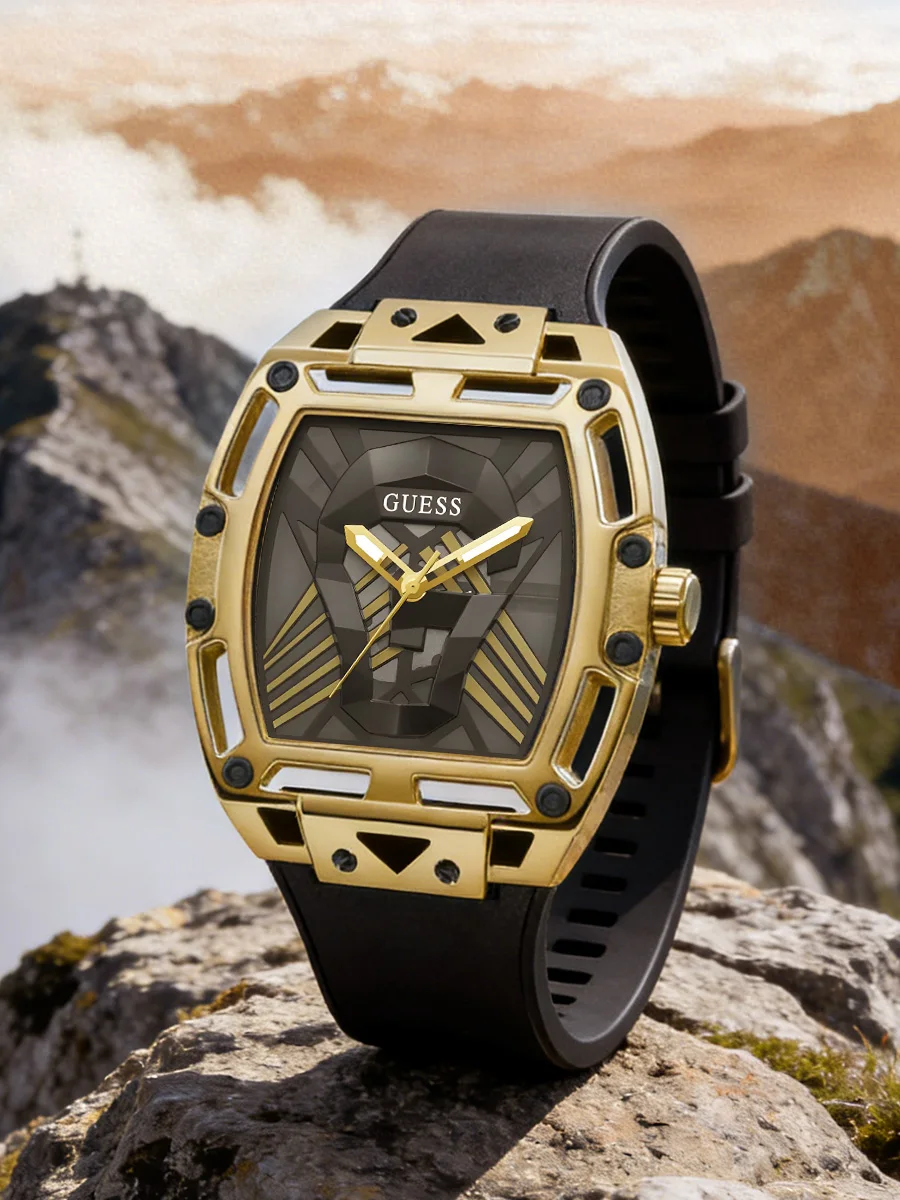 Reloj GUESS para Hombre, Caja Hueca Dorada, Correa de Silicona Negra, Reloj de Pulsera de Cuarzo, Estilo Hip Hop, para Uso Diario, Fiestas y Casual