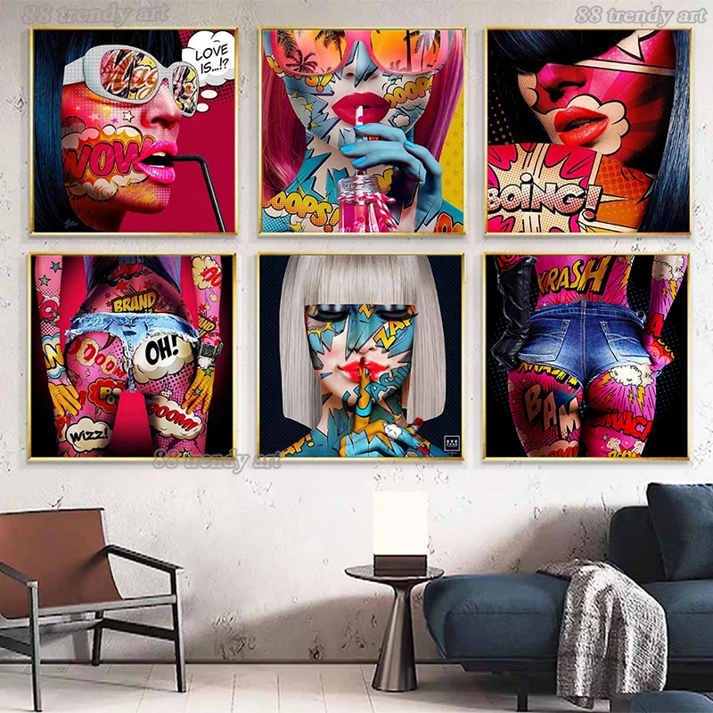 

Canvas Wall Art Cool Girls Canvas Oil Painting Pop Street Art Posters Modern Abstract Fugure Pictures for Home Living Room Decor