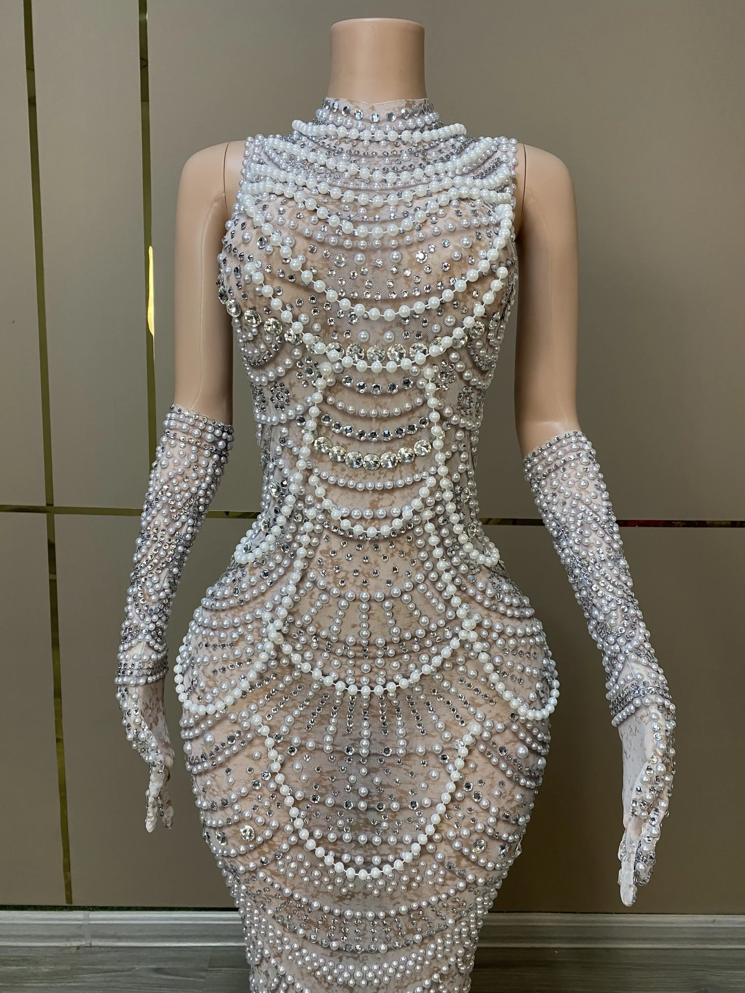 Sparkly Pearl strass Glove Dress Women Sexy Stage Mesh Celebrate Prom Gown Birthday Party Dress Performance photobot Wear