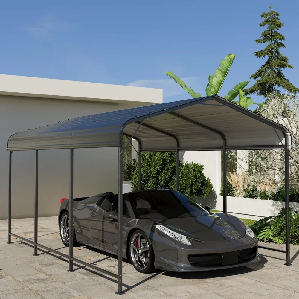 Carport 10 x 15 ft Heavy Duty Metal Carport Canopy with Galvanized Steel Roof, Outdoor Garage Car Shelter Shade for Car, Grey