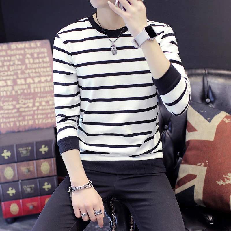 Autumn Winter Striped Print O Neck Long Sleeve Men Sweatshirt Korean Fashion Slim Fit All-match Casual Oversize Pullover T Shirt