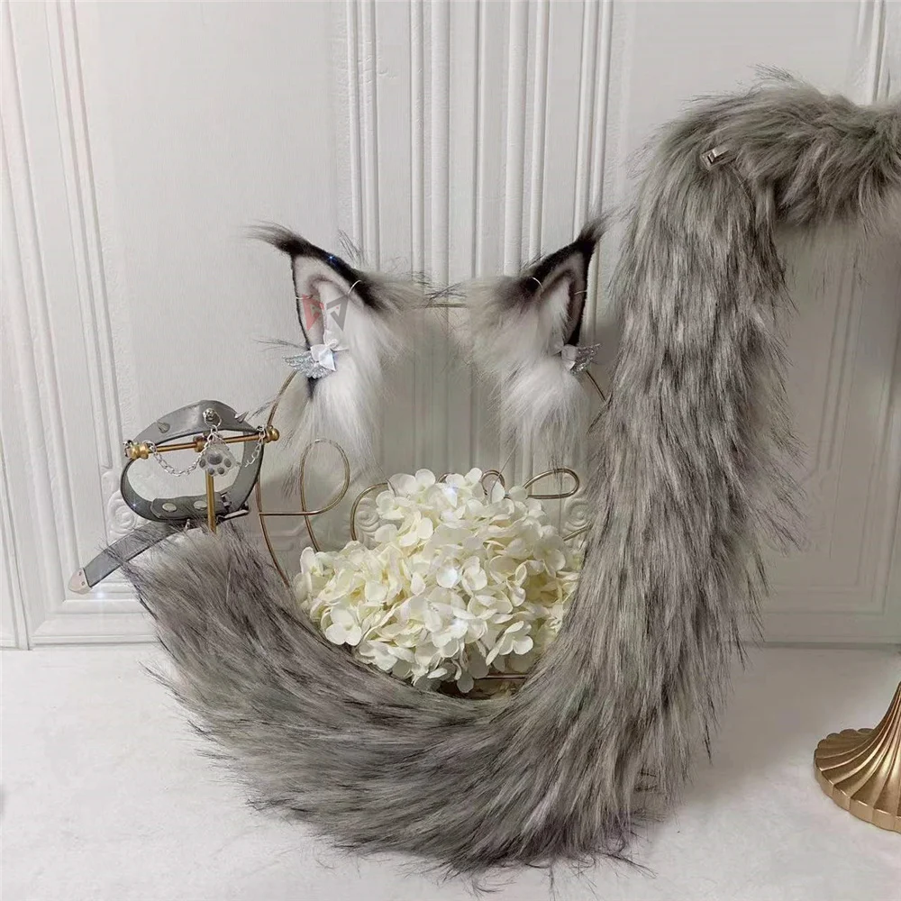 

New Maine Coon Gray Cat Ears Hairhoop Tail Necklace Earrings Cosplay Carnaval Gothic Lolita Acessories Hair Hoop Headwear