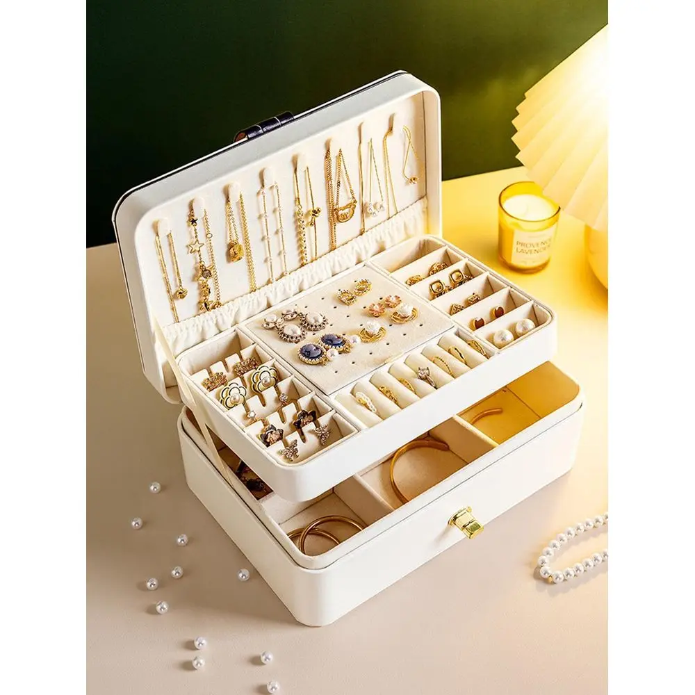 Luxury Double Layer Faux Leather Jewelry Box With Lock Spacious Storage For Rings, Earrings, Necklaces, Bracelets And Watches Pe