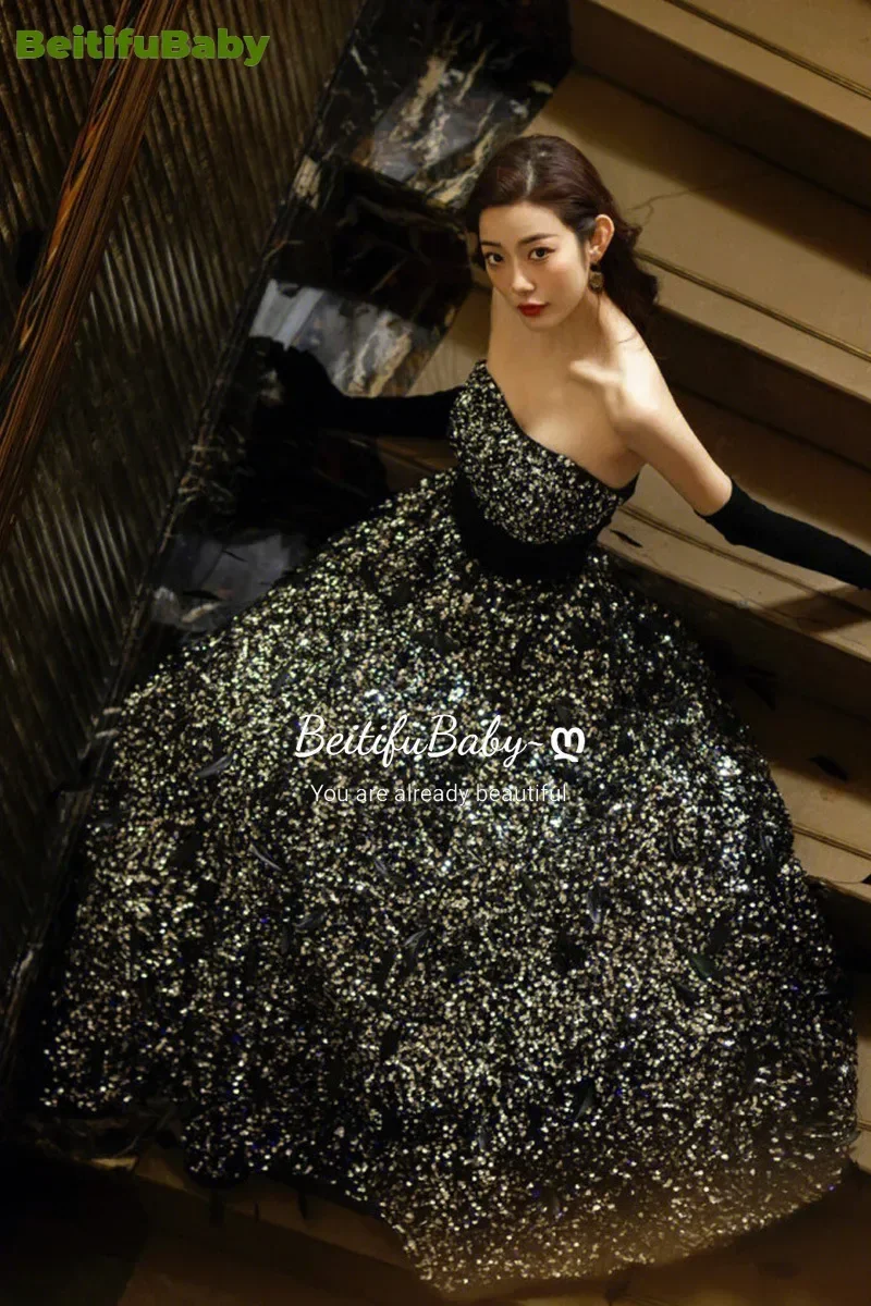 BeitifuBaby Elegant Evening Party Dresses for Women Black Sequined Sexy Strapless Sleeveless Lace-up Banquet Gown Formal Dress