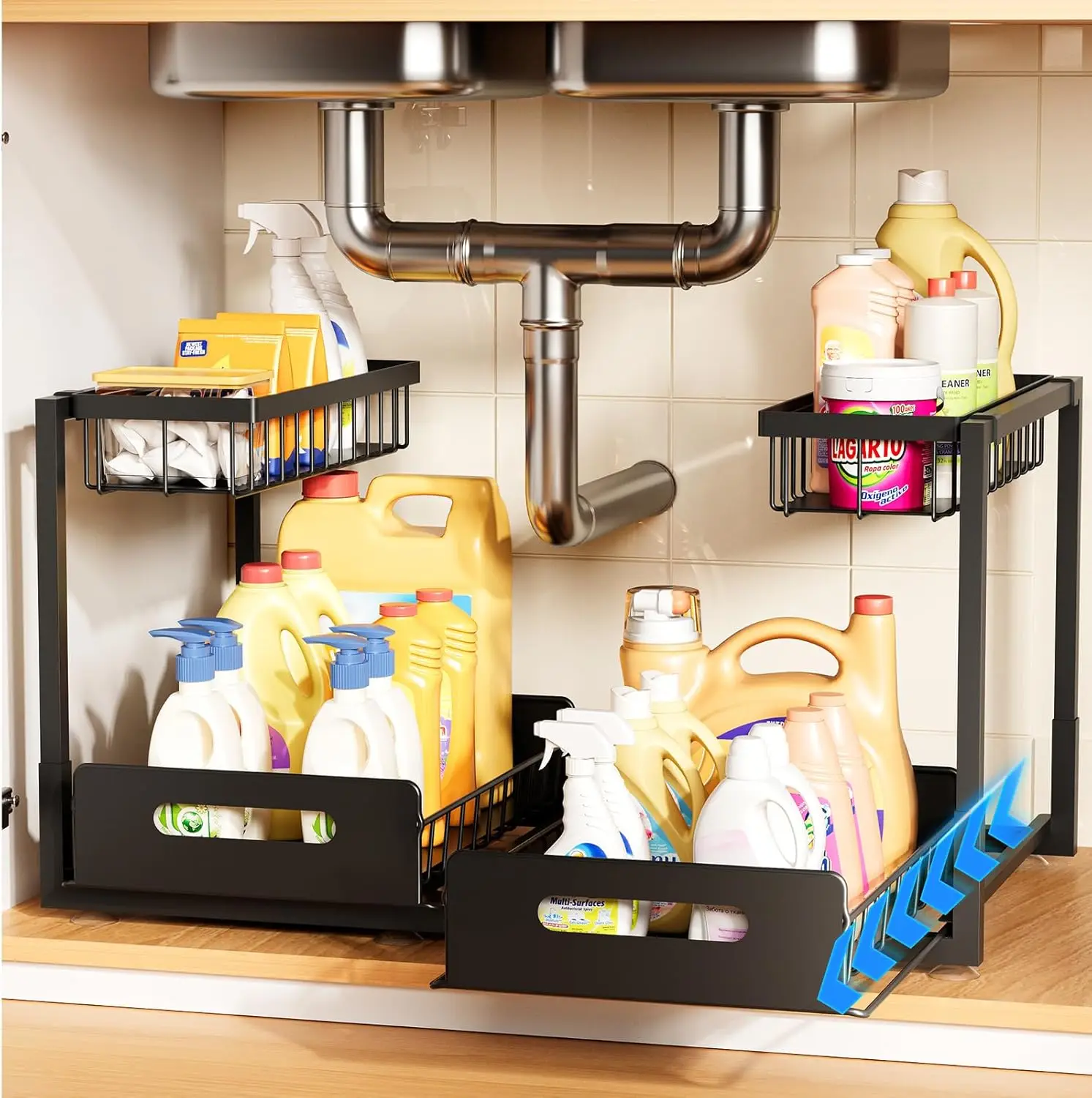 

Under Sink Organizer,Metal Pull Out Cabinet Organizer Shelf,Kitchen Bathroom Organizers with Sliding Drawer,Storage Shelves,S