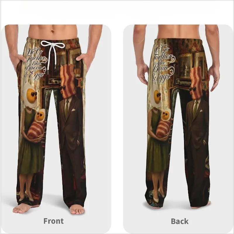 Men Funny Bacon & Eggs Family Portrait Print Lounge Pants, We GoTogether Like Bacon & Eggs Graphic Drawstring Casual Pajama Long