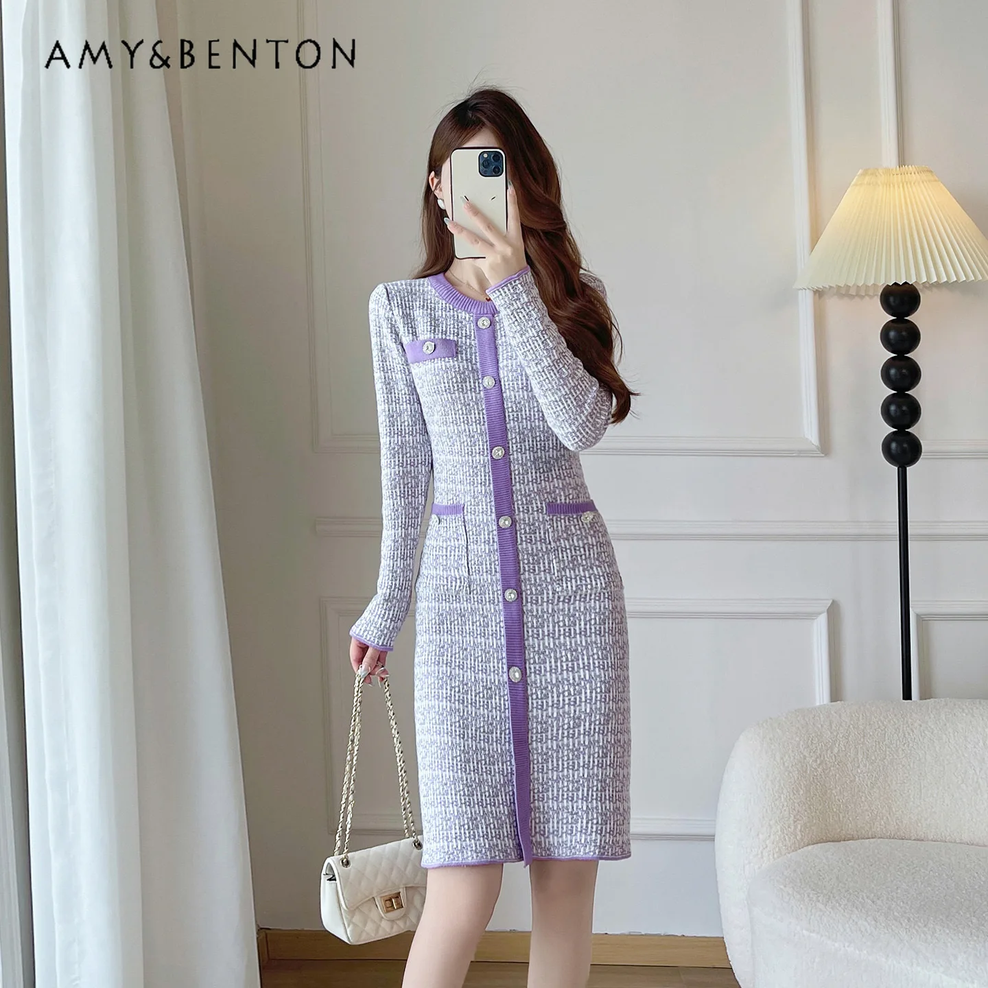 

2025 Autumn Winter French Style Purple Black White Round Neck Mid-Length Knitted Dress Pink Blue V-Neck Slim Waist Dress