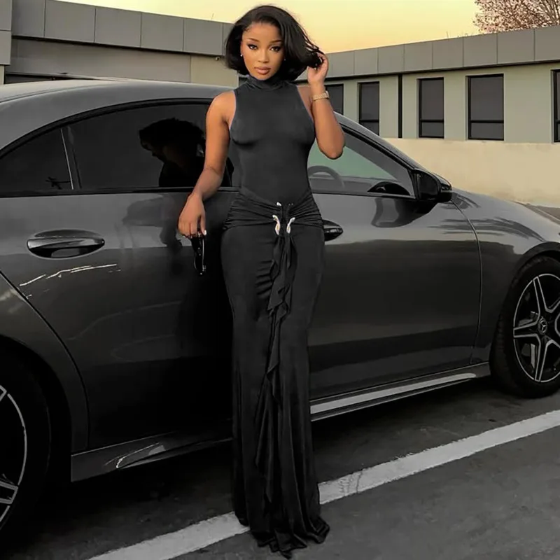 Summer Elegant Long Dress For Women Sleeveless Turtleneck Bodycon Design With Ribbon And Metal Waist Detail Party Banquet Look