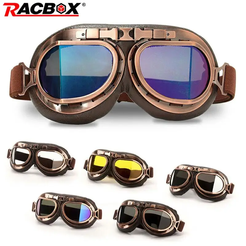 

Sunscreen Motorcycle Retro Goggles Motocross Off Road Outdoor Sports Skiing Scooter Snowboard Windproof PC Glasses+Leather