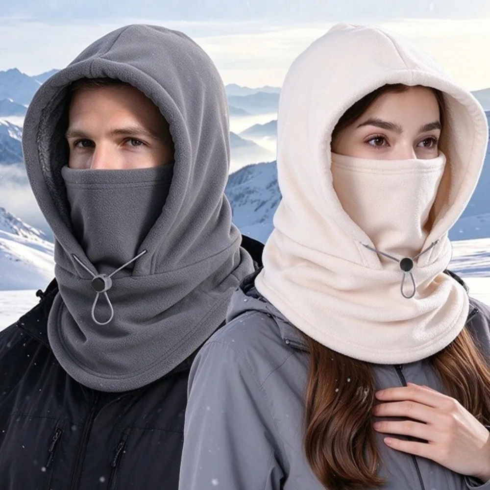 Casual Thermal Fleece Balaclava Hat Drawstring Cold-proof Hooded Neck Ear Protector Keep Warm Pullover Cap Autumn