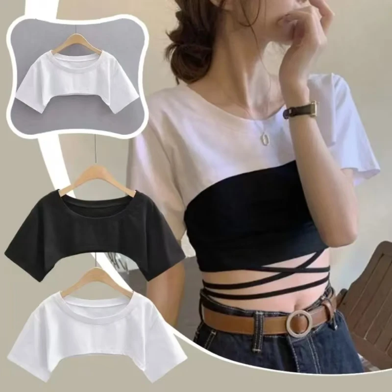 

KNOW DREAM Fashionable Summer Tops Women Blouses Solid Color Super Short Sexy Cotton Tee Loose T Shirt Round Neck Loose-fit