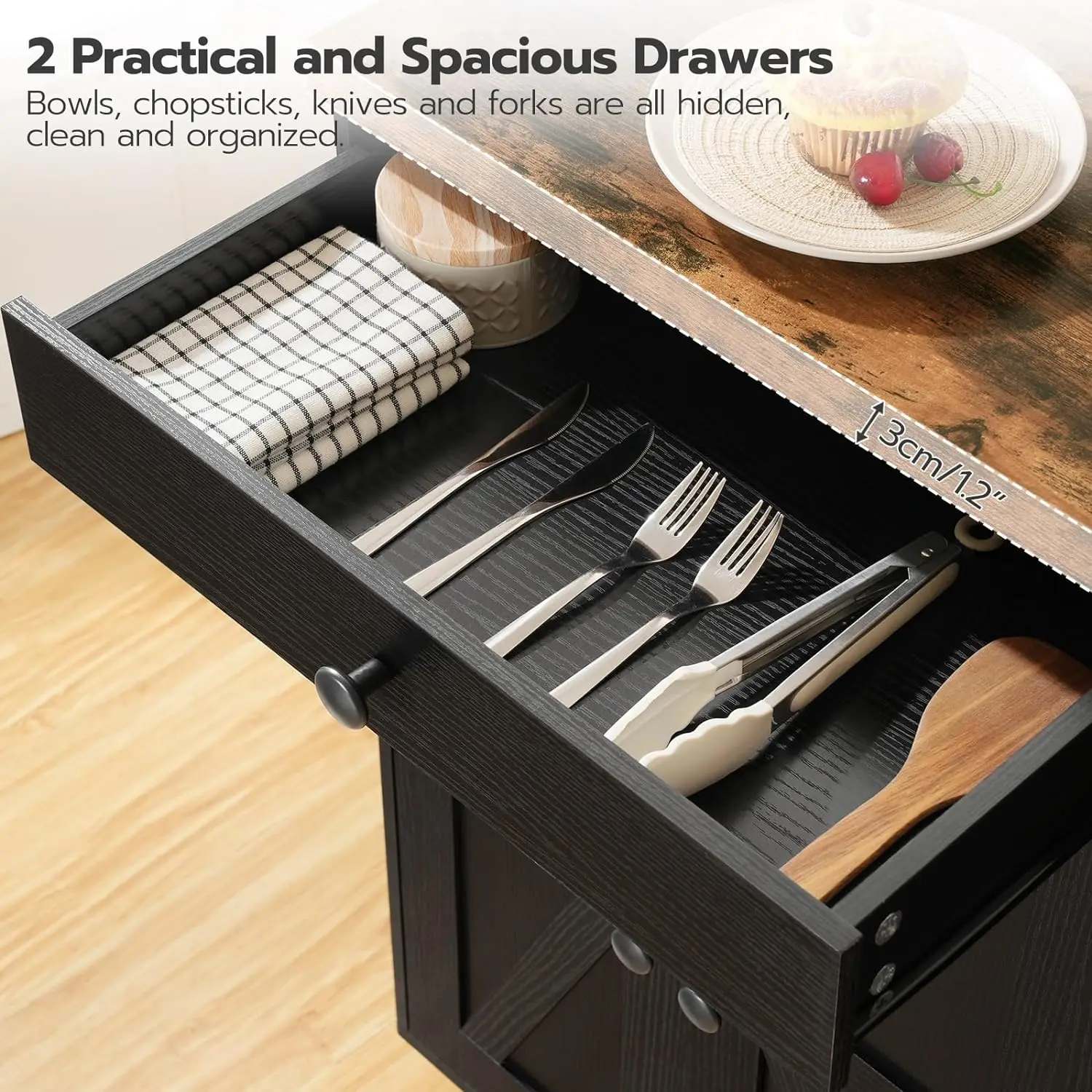 Kitchen Island com estação de carregamento, Rolling Spice Rack, Storage Cart, 43.3 Polegada