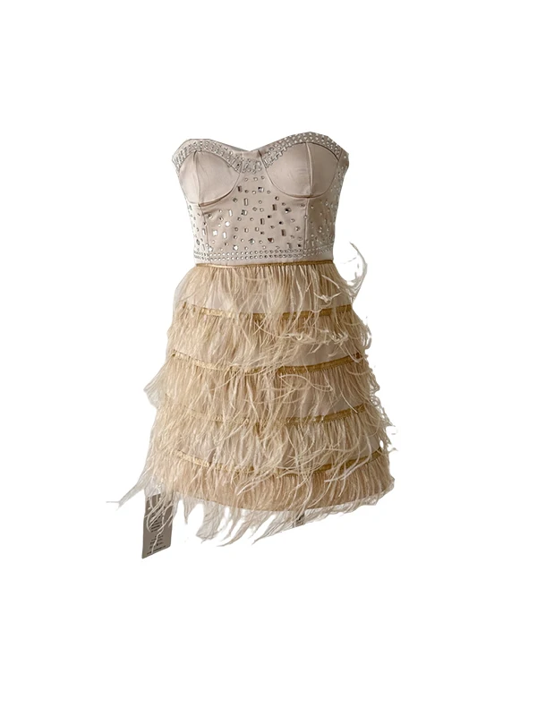 Ele Vestido de gala con hombros descubiertos Dr Faion Falda acampanada de cintura alta para mujer Detalle de plumas de lentejuelas No-Sve Cumpleaños Dr