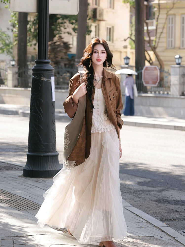 

Retro Lace Splice Crop Top High Waist Tulle Skirt Women's Faion French Sle Patchwork Cotton Blend Summer Outfit