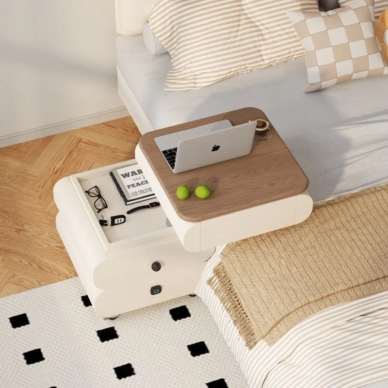 Cream Wind Movable Lifting Bedside Computer Desk Small Unit Intelligent Rotary Locked Home Computer Dresser