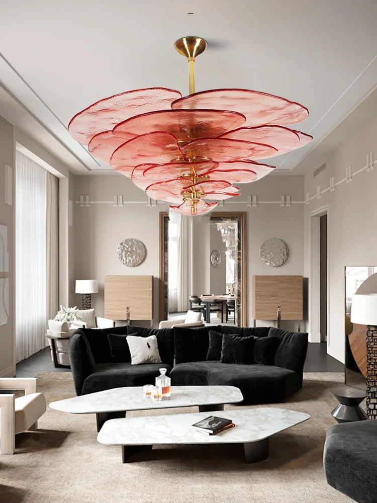 Elegant Home Decor Light Fixture for Living Room Foyer，Italian Style Luxury Pink Leaf Shape Glass Ceiling Pendant Light Big