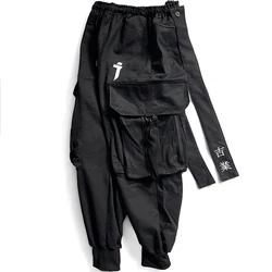 Kanji Zip Pockets Oversized Techwear Cargo Pants Long Ribbons Streetwear Harajuku Hip Hop Black Joggers Trousers Unisex Pants