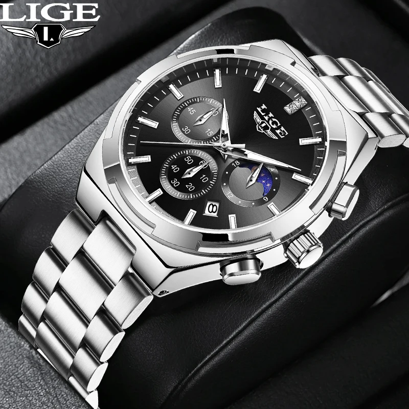 

LIGE Quartz Man Watch Casual Fashion Auto Date Luxury Business Stainless Clocks Waterproof Moon Phase Watches Male Montre Homme