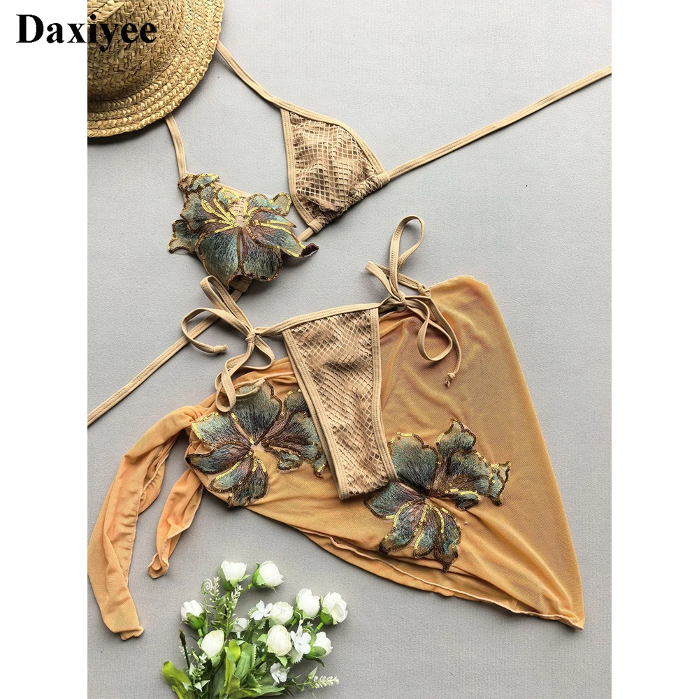 Shiny Sequins Women Swimwear Floral Patchwork 3pcs Bikini Set with Skirt Embroidery Mesh Micro Thong Swimwear Bathing Suit Mujer