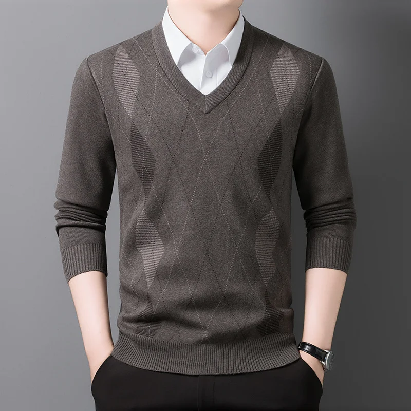 

Мужской свитер с v-образным вырезом для среднего возраста, свободный утолщенный теплый верх, базовый слой, осень-зима, новый стиль, трикотажная рубашка