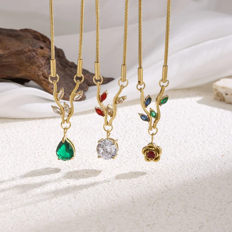 Cross-border trendy fashion multi-color diamond branch and petal stainless steel necklace for women