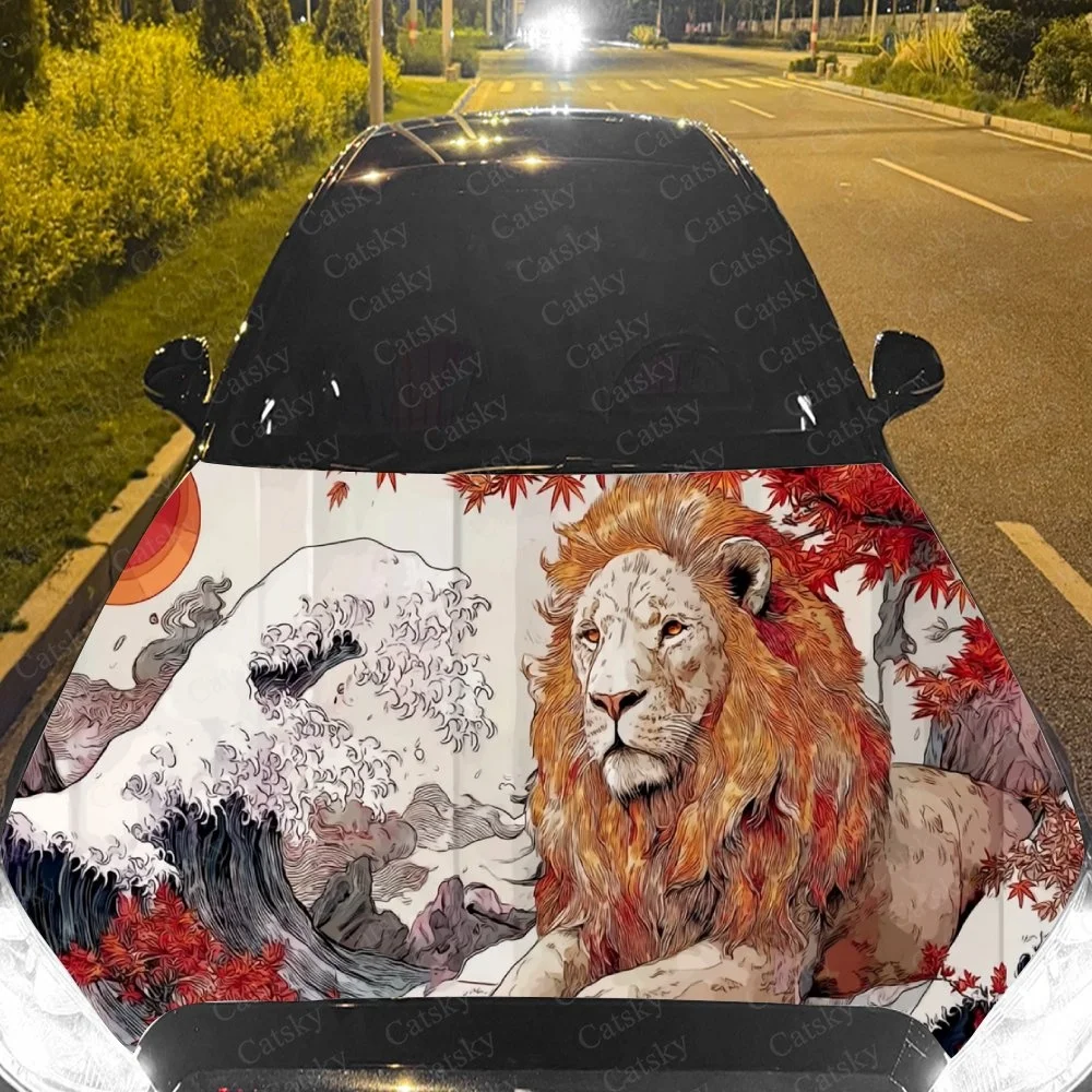 Lion Waves Sun Car Hood Sticker PVC Self Waterproof Stick, Striking Auto Exterior Accessories Decor Protect Gift for Car Lover