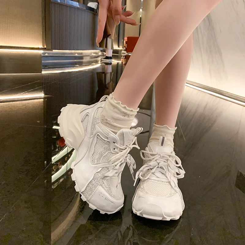 7cm Bling Chunky Sneakers Women Casual Shoes Platform Wedge Sneakers Shoes Walking Comfortable Breathable Mesh Genuine Leather