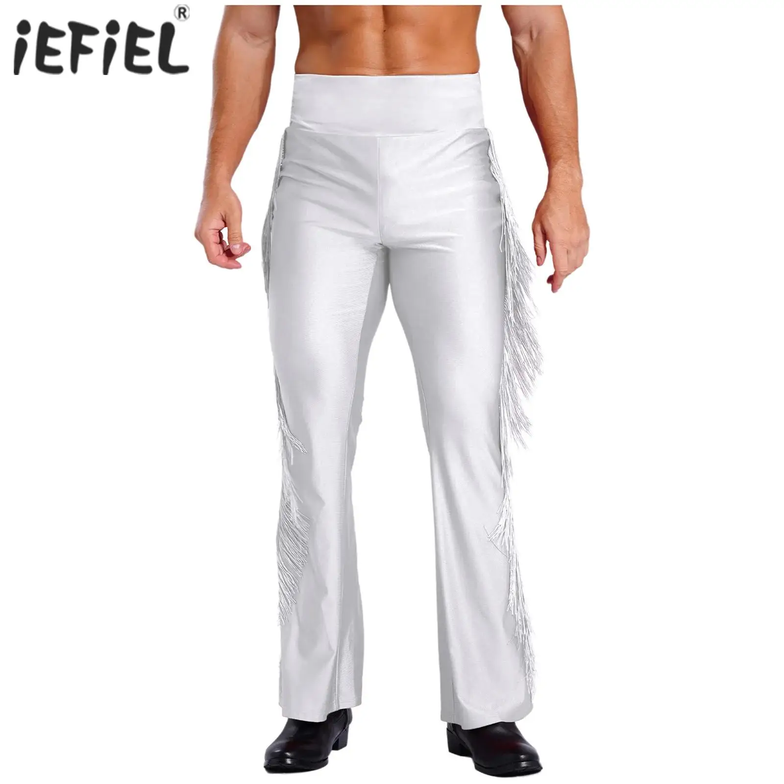 Mens Disco Dance Pants Tassel Flared Pants Vintage High Waist Bell-Bottom Trousers for Stage Performance Theme Party Dancewear