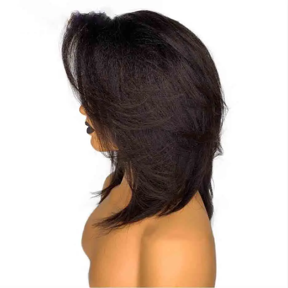 Peruca dianteira reta Kinky para mulheres, Yaki Soft Natural Preto, Glueless Short Bob, Densidade 180%, cabelo de bebê, pré-arrancado, Cosplay diário