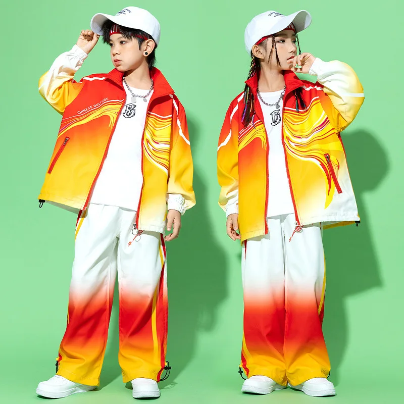 Trajes de baile moderno para niños, chaqueta con estampado Tie-dye, conjunto de pantalones casuales sueltos, ropa de escenario de hip hop para niñas y niños