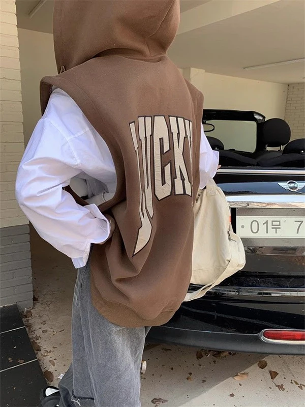 특대형 300 파운드 아메리칸 커피 레터 프린트 지퍼 후드 자켓 플러스 사이즈 조끼 중간 길이 아우터웨어