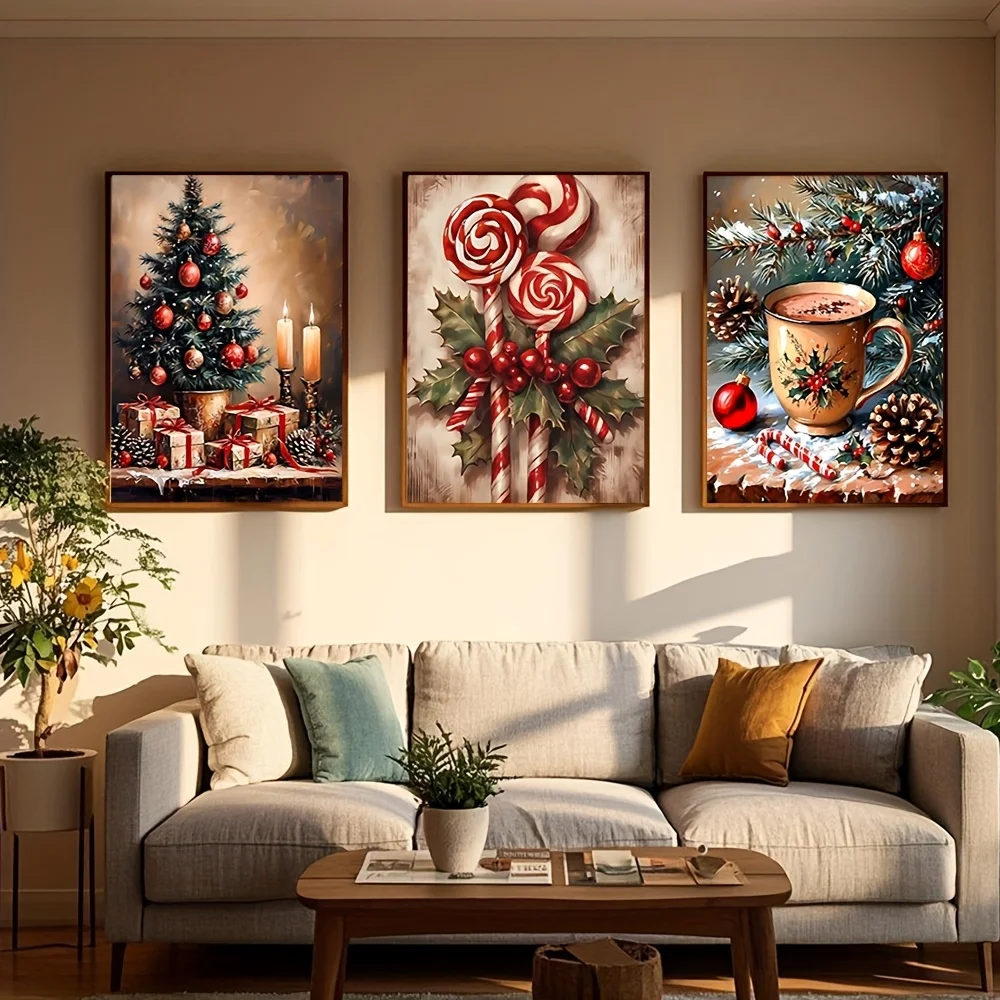 Juego de 3 Cuadros Decorativos Navideños Vintage sin Marco, con Imágenes de Árbol de Navidad, Bastones de Caramelo y Chocolate Caliente para Holi
