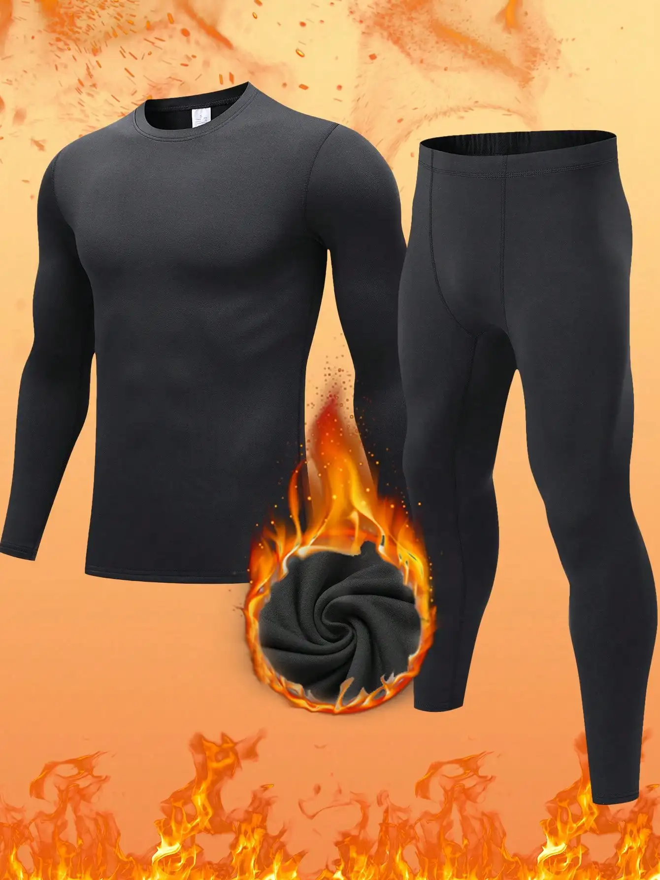 

Men's Black Thermal Underwear Set - Slim Fit, Warm Lining, Breathable for Winter Wear