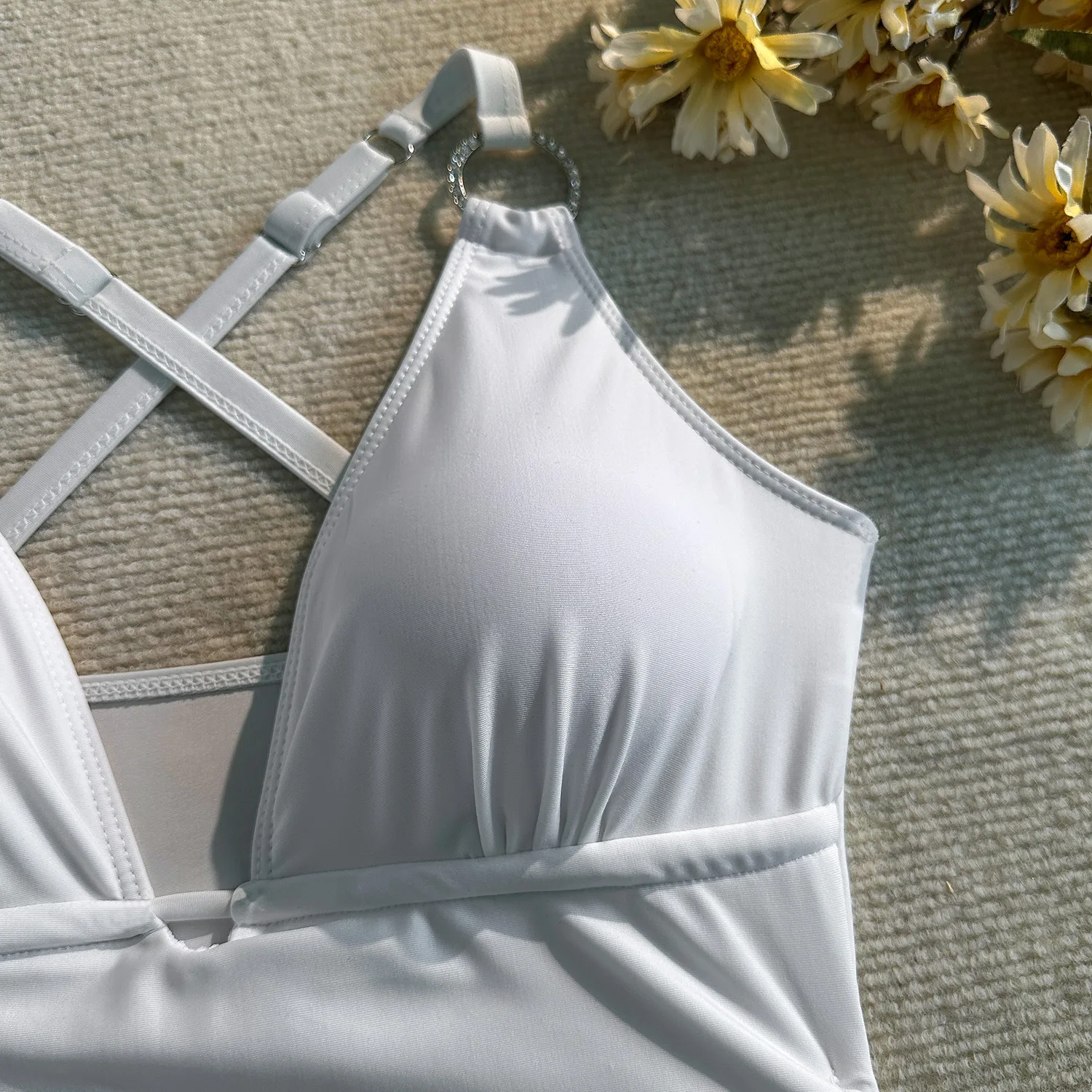 مثير عادي العميق الخامس الرقبة المايوه قطعة واحدة حجر الراين حلقة الرباط البيكينيات ملابس داخلية النساء biquini لباس سباحة