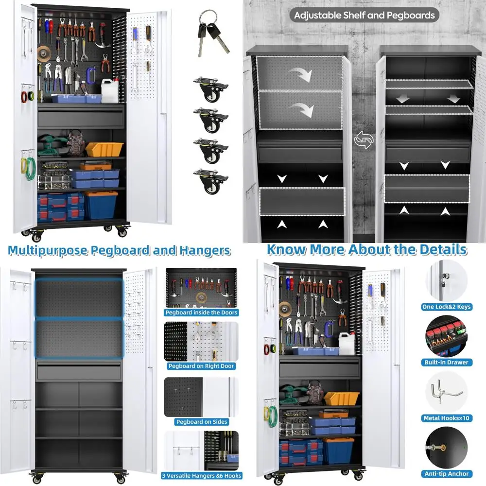 

Металлический гаражный шкаф с колесиками, 71 дюйм, запираемый стальной шкаф для хранения инструментов с перфорированной доской и 1 ящиком для гаража, дома, офиса
