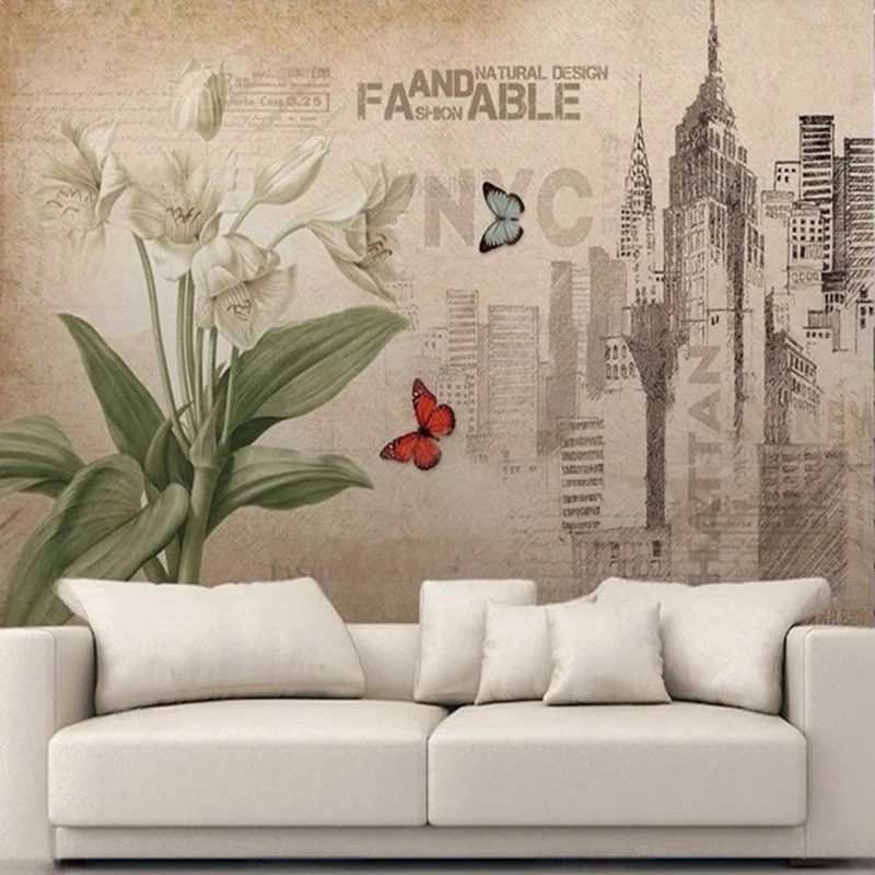 

Custom Wall Mural Vintage Retro European Style Hand-Painted Floral Classical Architecture Background Wallpaper for Living Room