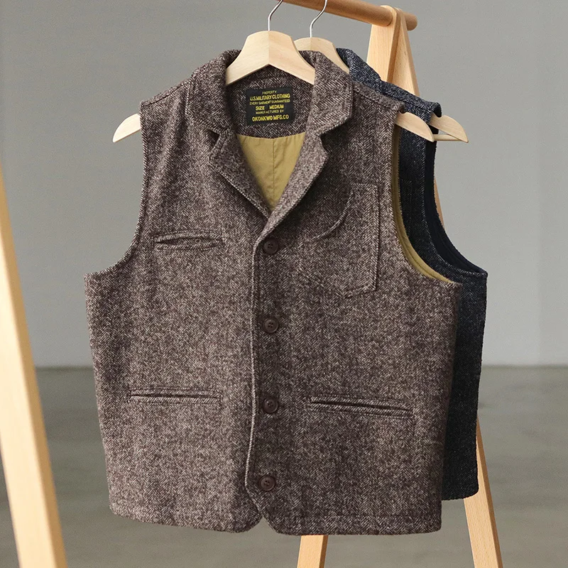 2403# Autumn Winter American Retro Heavyweight Multi-pocket Slim Wool Blend Vest Men\'s Fashion Washed Casual Cargo Waistcoat